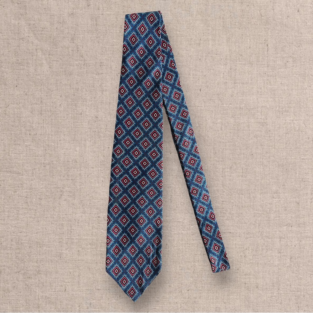Christian Dior Silk Tie Mens Blue Red Geometric Diamond Pattern Luxury Designer